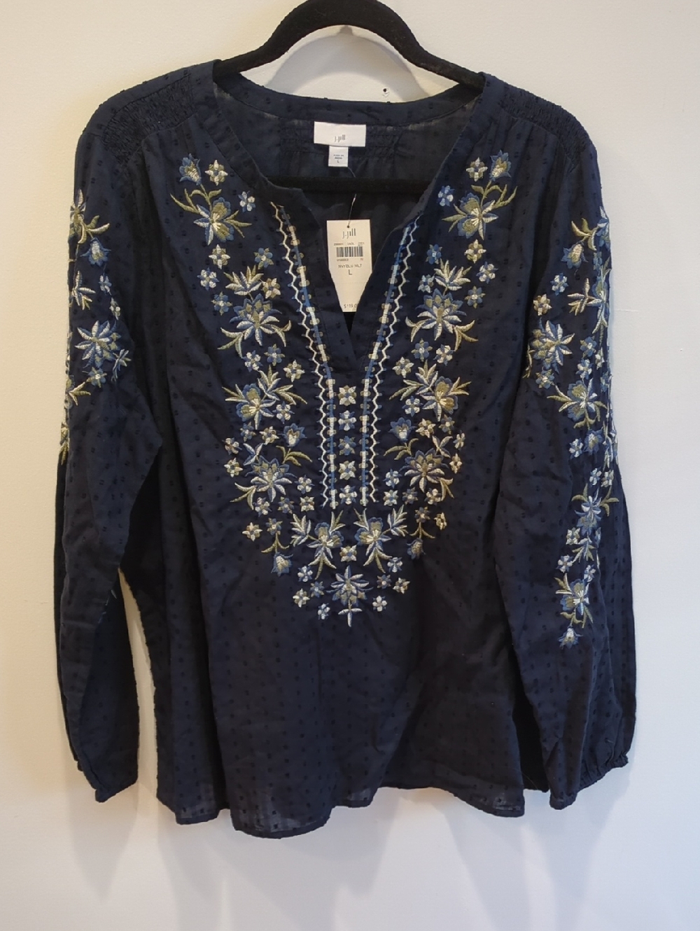 Cottage Boho Coastal Floral Cotton J. Jill Navy V-Neck Embroidered Peasant Top L